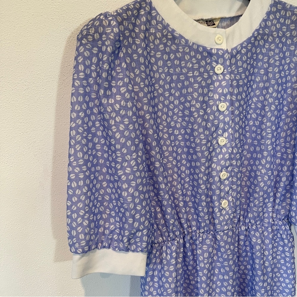 Vintage The Fashion Place Blue and White Coffee Bean Half Button Up Midi Dress - Picture 3 of 12